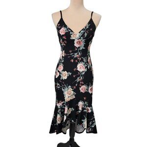 AQUA Bloomingdales Size M Black with Floral Form Fitting HIgh-Low Hem Dress